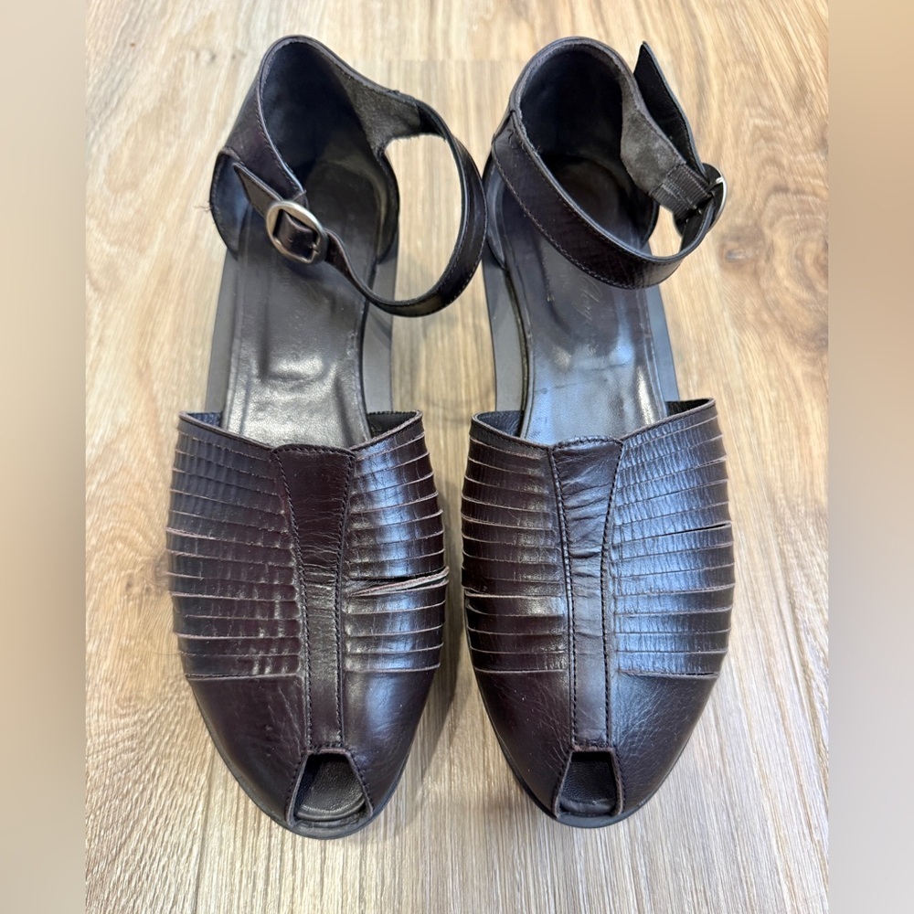 Robert Clergerie Brown Leather Wedge Mary Jane Heels Size 7.5